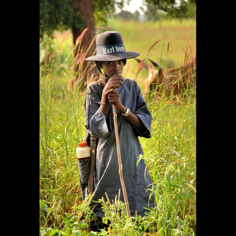 BURKINA FASO — A young Fulani shepherd watches over his cattle under the scorching sun in Burkina Faso. Known for their nomadic heritage, the Fulani are expert cattle herders, moving with the rhythm of the land and seasons. His Marlboro hat—likely a secondhand item from the global used-clothing trade—offers shade and serves as a reminder of how cultures intersect in even the most remote corners of the world.