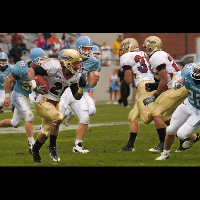 Oct 11, 2008; Charleston, SC, USA; Elon defensive back Karlos Sullivan (21) is pursued by Citadel linebacker Ryan Keiper (38), LS Bobby Jarvis (53), and defensive back Jonathan Vest (22) during the first quarter at Johnson Hagood Stadium.