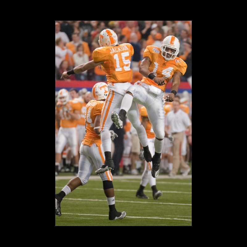 Tennessee cornerback Janzen Jackson (15)and teammate cornerback Eric Berry (14) celebrate defensive play against Virginia Tech in the Chick-fil-A Bowl on December 31, 2009 in Atlanta, Ga.