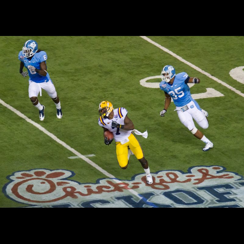 ATLANTA LSUs Patrick Peterson (7) runs the football on a punt return during the Chick-fil-A Kickoff Game against the University of North Carolina at the Georgia Dome. Petersons explosive playmaking was key to the Tigers special teams performance.