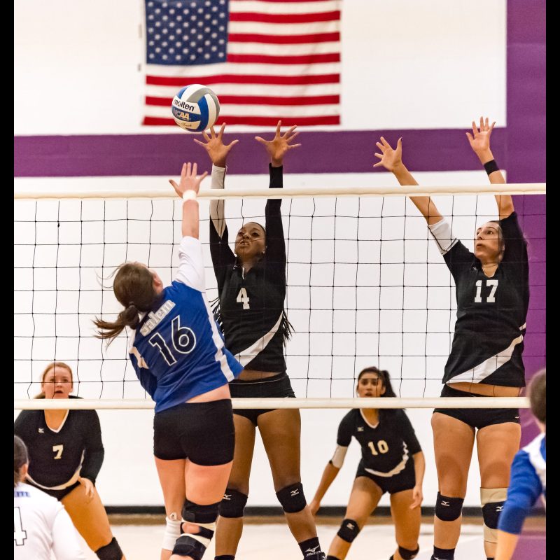 DECATUR, Ga. — The Agnes Scott College women’s volleyball team leaps into action during a match. The team competes in NCAA Division III and showcases athleticism, teamwork, and school spirit on the court.