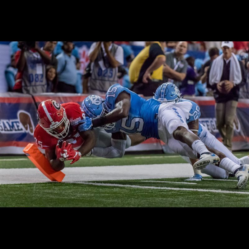 Georgia Bulldogs running back Brian Herrien (35) dives for a touchdown in the Georgia Dome for the Chick-fil-a Kickoff Game.