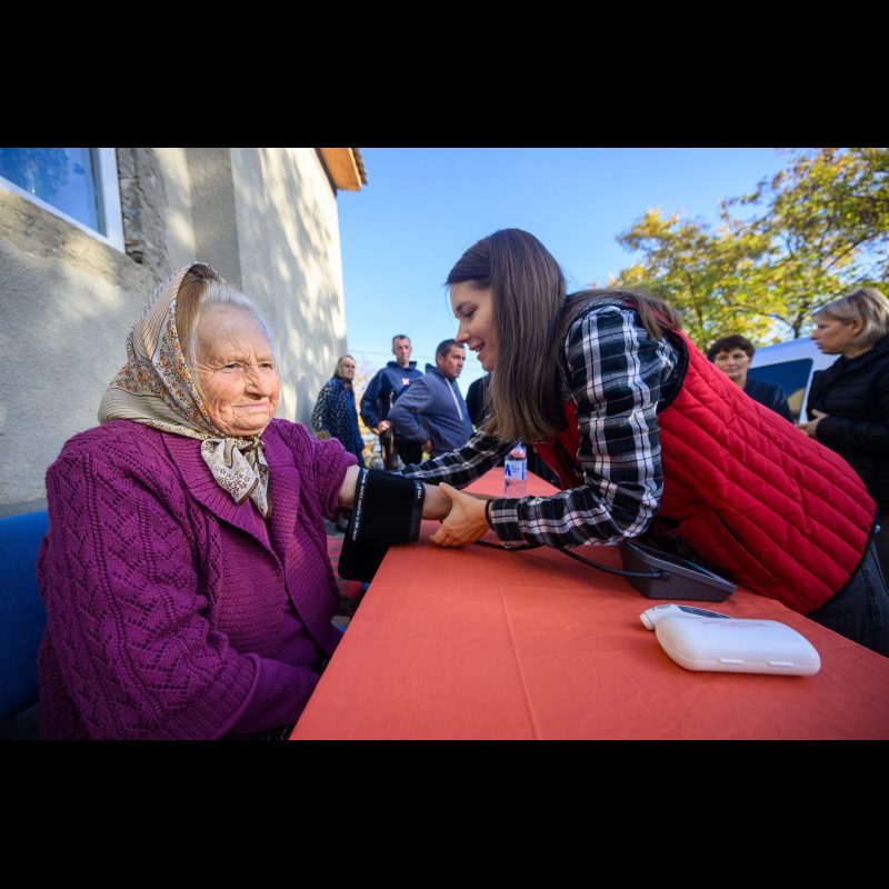 OBREJA VECHE, Moldova (July 30, 2025) — A volunteer takes an elderly woman’s blood pressure during a free medical clinic at Golgotha Church in Obreja Veche, Fălești District, Moldova. The clinic is part of a medical missions outreach organized by ABWE missionaries to serve the local community.