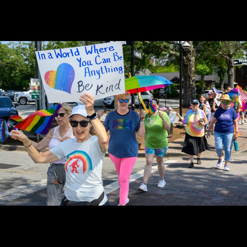 Participants carry signs and wear Pride colors as they march in Roswell’s first-ever Pride Parade on June 21, 2025, celebrating diversity and LGBTQ+ inclusion.