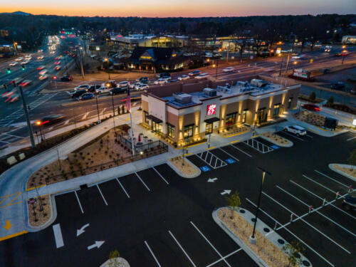 Chick-fil-A Roswell Town Center at dusk.